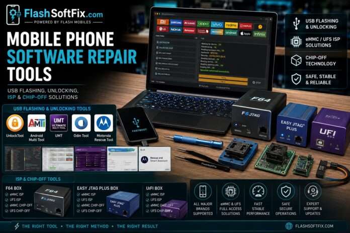 Mobile phone software repair tools for USB flashing, unlocking, ISP and chip-off eMMC UFS repair