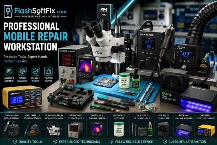 Professional mobile phone repair tools and equipment on a smartphone motherboard repair workstation