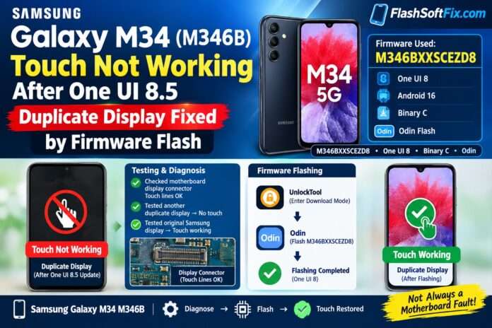 Samsung Galaxy M34 M346B duplicate display touchscreen not working after One UI 8.5 update and restored after flashing One UI 8 firmware